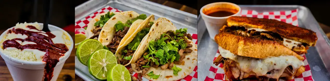 Bistec tacos, carne asada, birria melt and elote cup spread at Takitos Con Sabor TX
